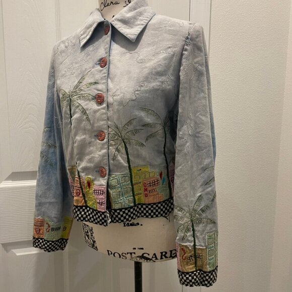 Y2K FUNKY JACKET MIAMI BEACH ART EMBROIDERED CITY DEMIN BLUE COLORS SZ XS RETRO - Picture 13 of 16